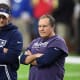 Feb 5, 2017; Houston, TX, USA; New England Patriots special teams coach Joe Judge (left) looks on during warm-ups with head coach Bill Belichick before Super Bowl LI against the Atlanta Falcons at NRG Stadium.